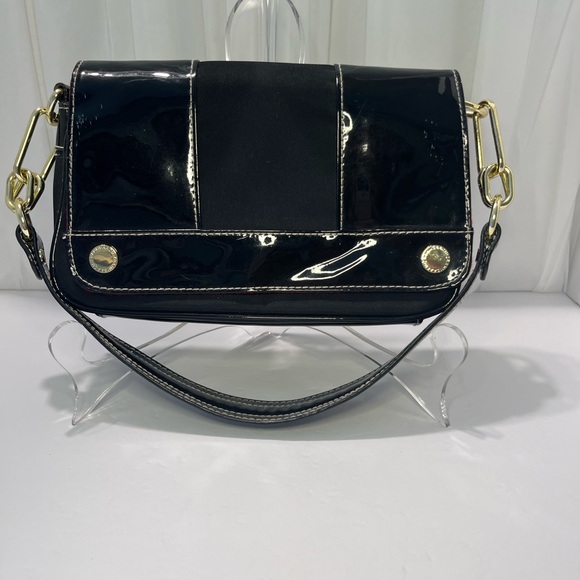 Isaac Mizrahi Black Patent Shoulder Bag with Gold Accents - Picture 1 of 8